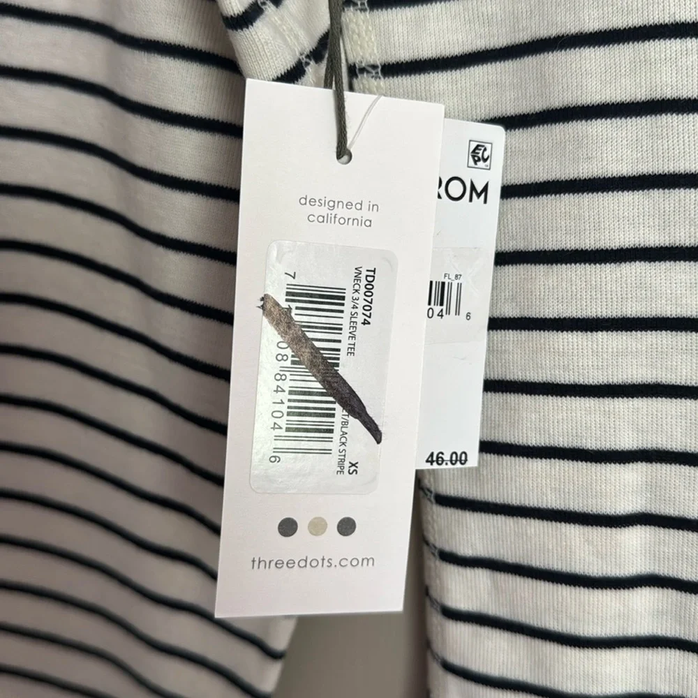 NWT- Three Dots vneck 3/4 sleeve striped shirt Egret & black striped, size XS - Picture 9 of 10